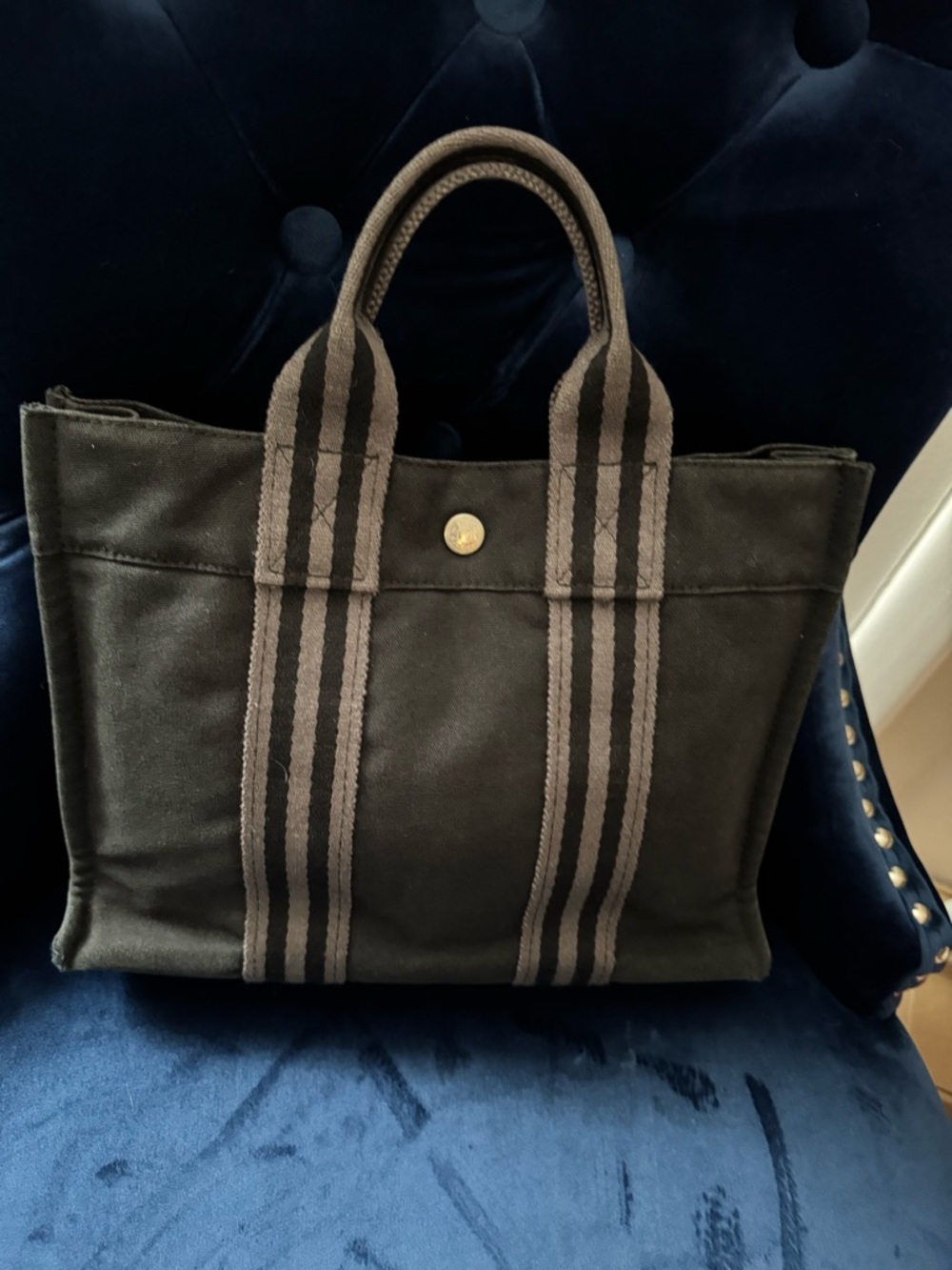 HERMES Black Canvas Tote Bag with Stripe Handles - Picture 3 of 8